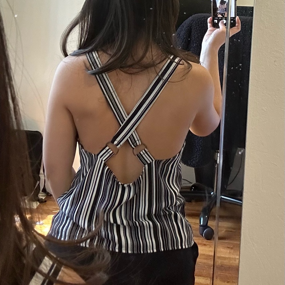 Small, black and white striped, cross-back tank top